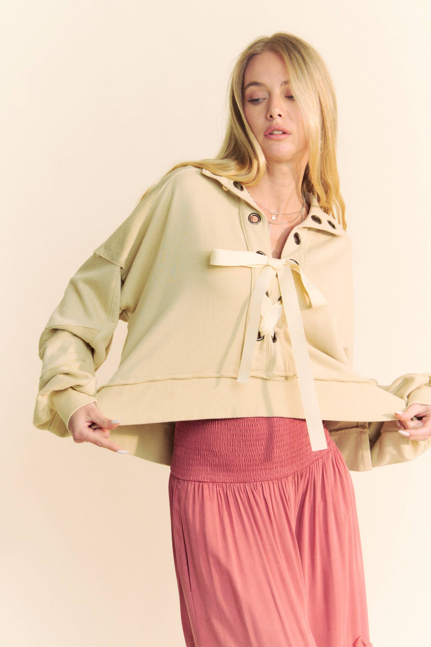 Eyelet Lace Up Pullover