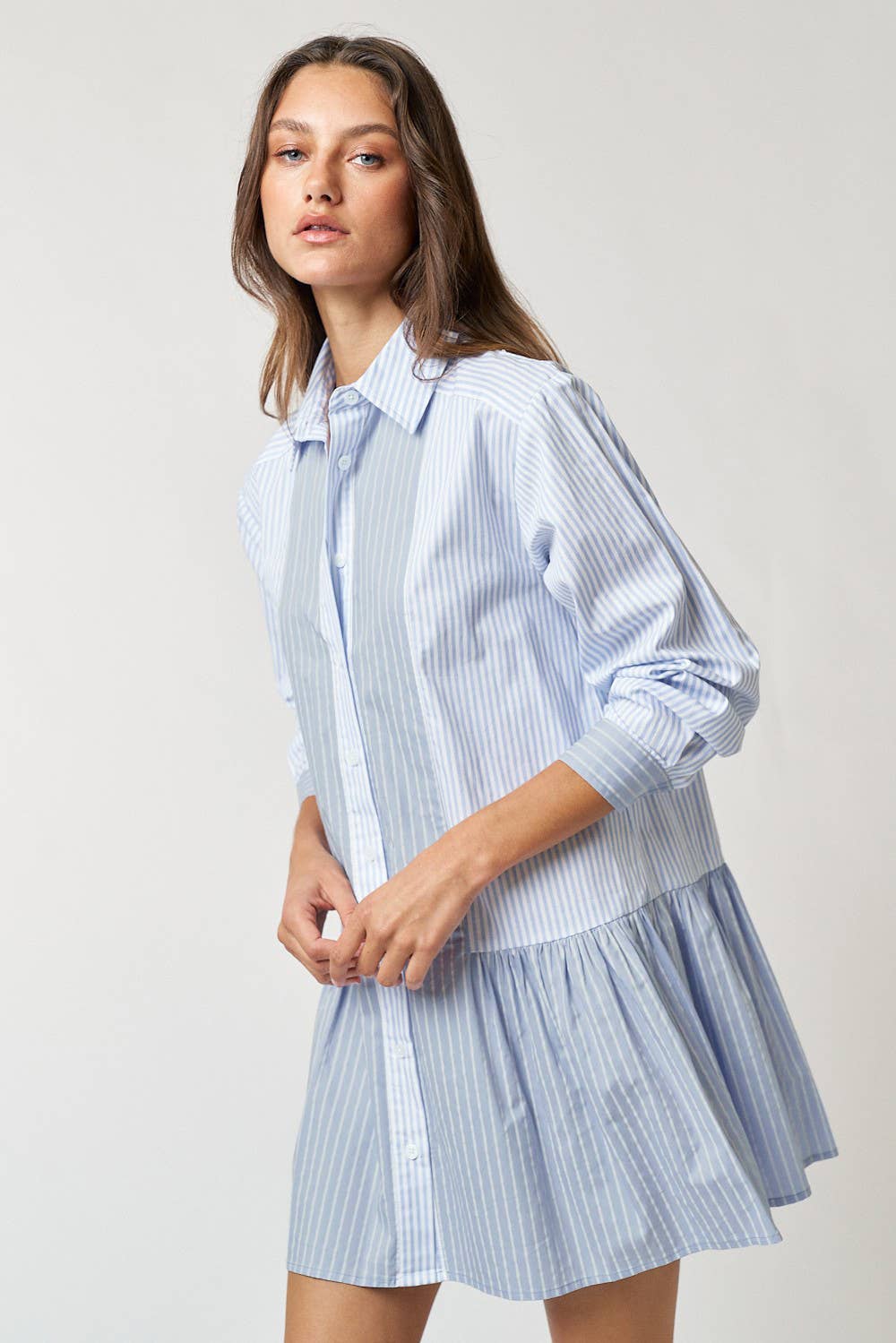 STRIPE BUTTON UP COLLARED MINI SHIRT DRESS