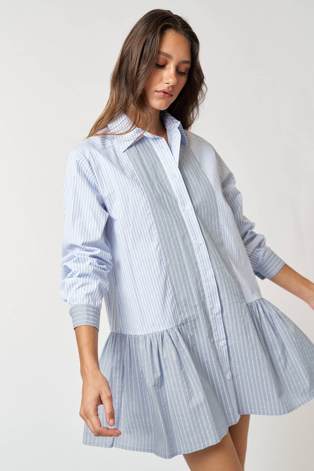 STRIPE BUTTON UP COLLARED MINI SHIRT DRESS