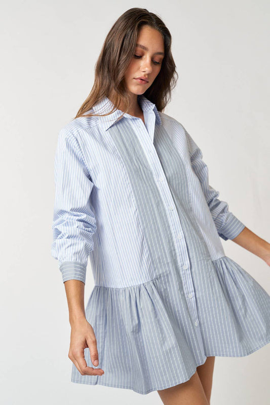 STRIPE BUTTON UP COLLARED MINI SHIRT DRESS