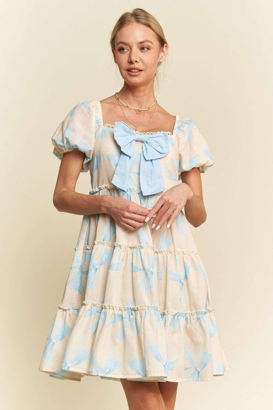 BOW PRINTED PUFF SMOCKING BACK TIERED DRESS
