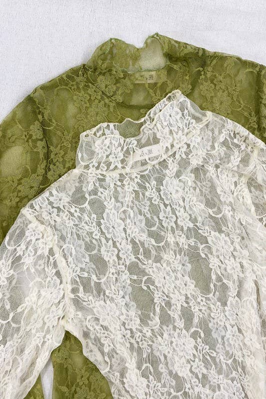 White Floral Print Lace Long Sleeve Top